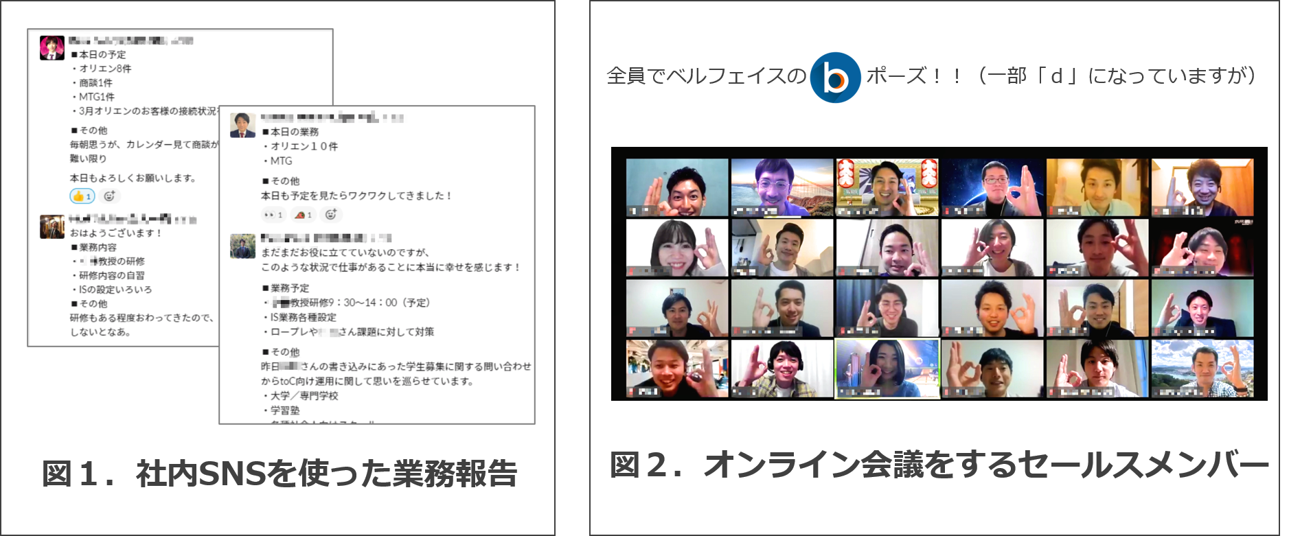 社内SNSを使った業務報告とオンライン会議をするセールス社員のスクリーンショット