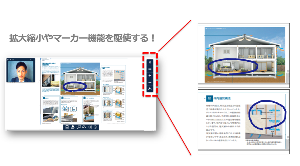 オンライン商談で資料の拡大縮小やマーカー機能を使っている様子