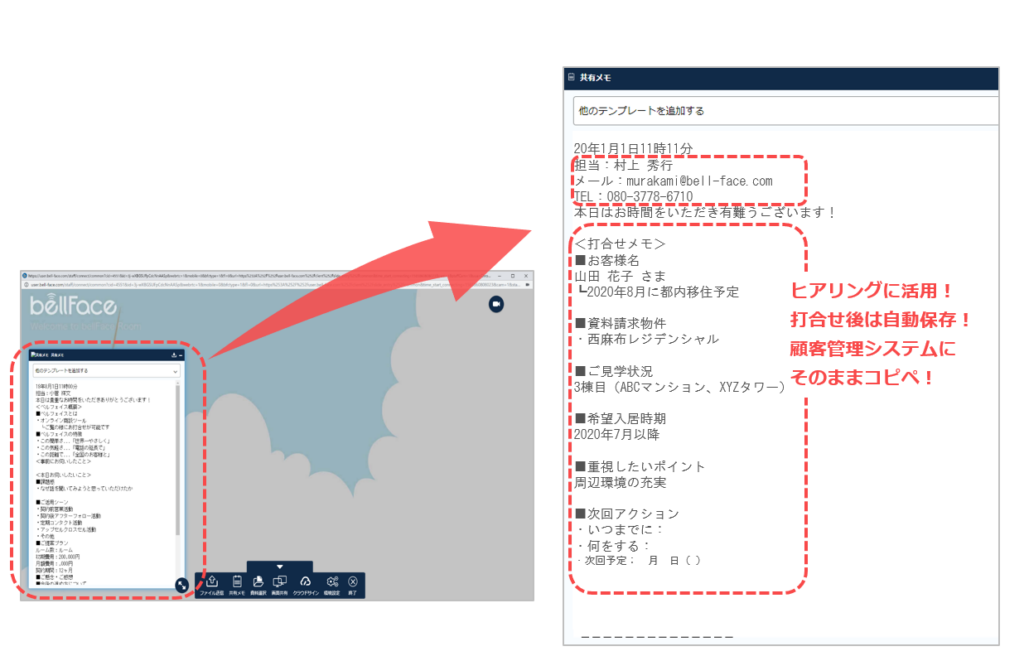 オンライン商談時の、共有メモ機能の実際の画面